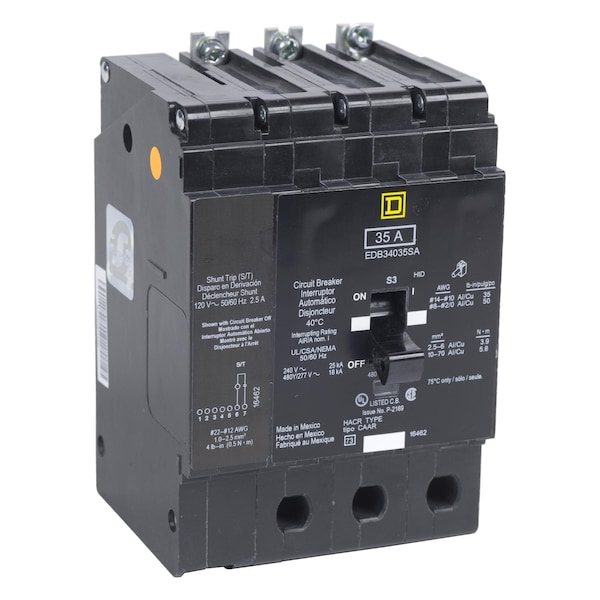 Square D Miniature Circuit Breaker, EDB Series, 60A, 3 Pole, 277/480V AC, 25kA at 120V AC - EDB34060AABA