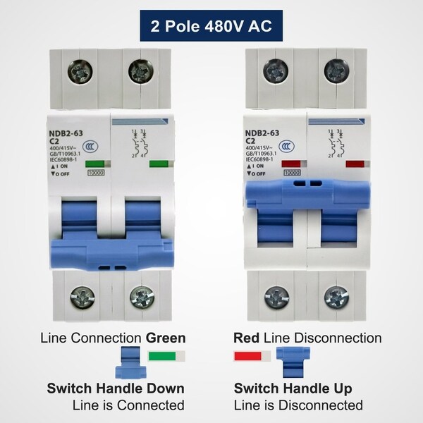Automation Systems Interconnect Miniature Circuit Breaker, 2 Pole, 2 Amp, 240 Vac, 60 Vdc, C Trip Curve, Ul1077, DIN Rail Mounted - NDB2-63C2-2