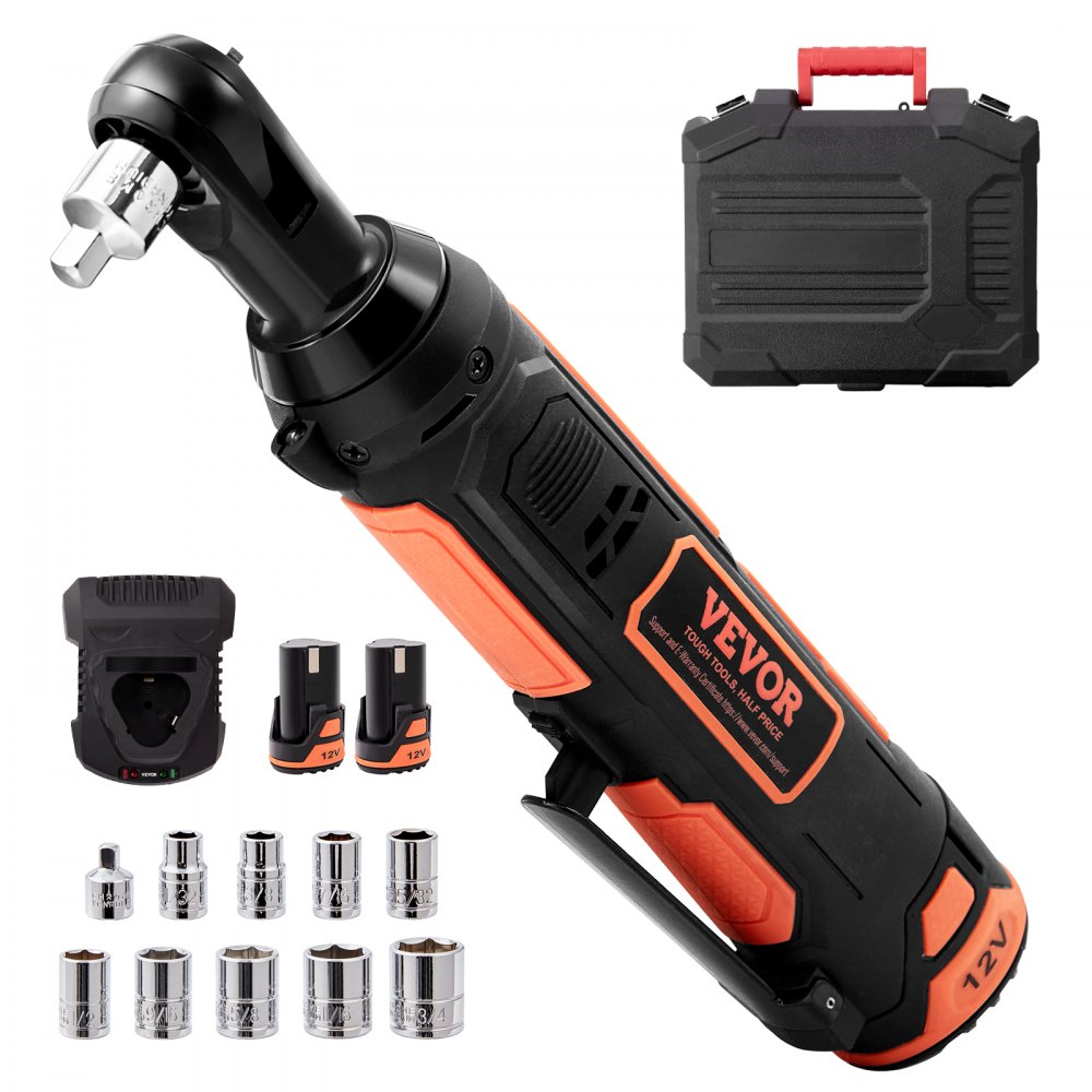 VEVOR 3/8" Cordless Electric Ratchet Wrench Set, 12V 33 Ft-lbs Power Ratchet Tool Kit, 45-Min Fast Charge, 2-Pack 2.0Ah Battery, Built-in LED Light, Variable Speed Trigger, 10 Sockets - DDJLBS3412V33B4NIV1