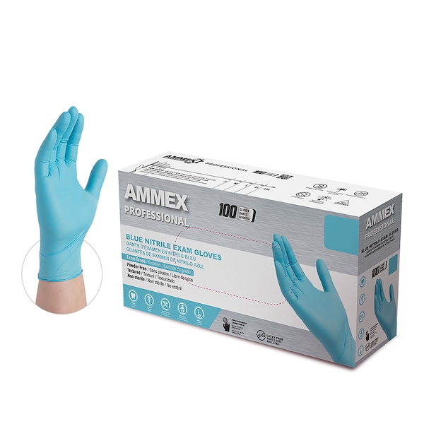 Ammex AMMEX Pro, Guantes de Examen de Nitrilo, 3 mil Palm, Nitrilo, sin Polvo, L, 1000 PK, Azul - APFN46100