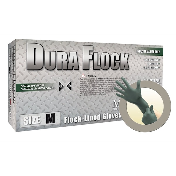Ansell Dura Flock, Dura Flock 8 Mil forro de pelusa verde natural de 8 mil, palma de nitrilo, sin polvo, tamaño mediano, paquete de 100 - MFXDFK608M