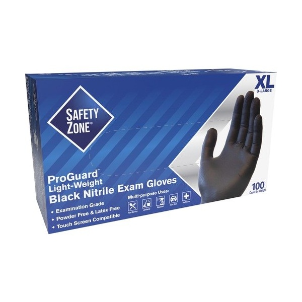 Zona de seguridad GNPR-K, Guantes desechables de nitrilo, 5.3 mil Palma, Nitrilo, sin polvo, XL, 100 PK, Negro - SZNGNPRXLBK