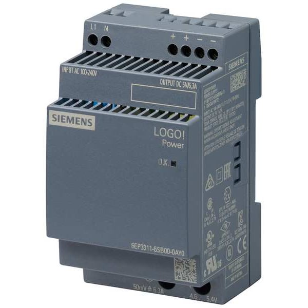 Siemens Stabilized Power Supply, 100/240V AC, 5V DC, 31.5W, 6.3A, DIN Rail - 6EP33116SB000AY0