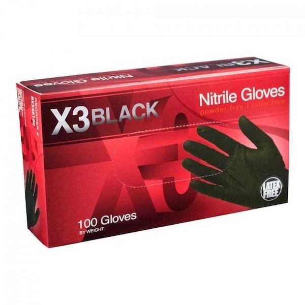 Ammex X3, Guantes Desechables de Nitrilo, 3 mil de Grosor en la Palma, Nitrilo, Sin Polvo, Talla S, Color Negro - AMX-BX342100
