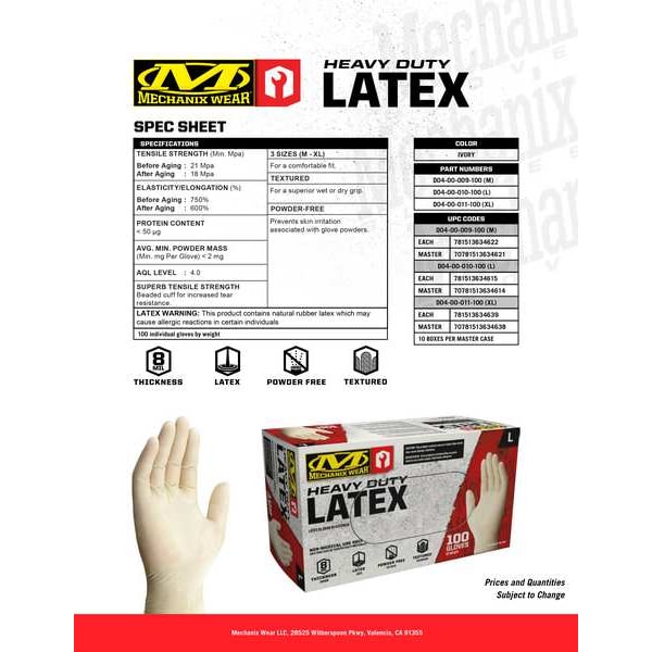 Mechanix Wear D14, Guantes Desechables, 7 mil de Grosor en la Palma, Látex, Sin Polvo, XL (11), Paquete de 100, Blanco - D14-00-011-100