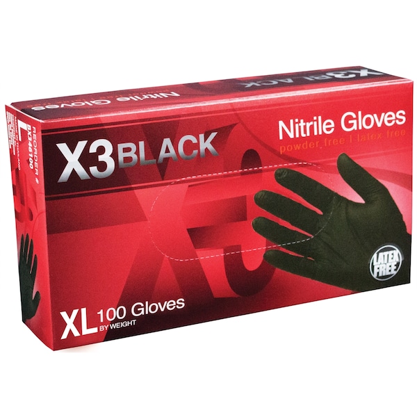 Ammex X3, Guantes Desechables de Nitrilo, 3 mil Palm, Nitrilo, Sin Polvo, XL, Negro - AMXBX348100