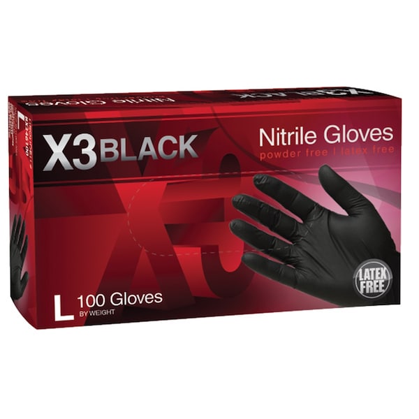 Ammex X3, Guantes Desechables de Nitrilo, 3 mil en la Palma, Nitrilo, Sin Polvo, Talla L, Negro - AMXBX346100
