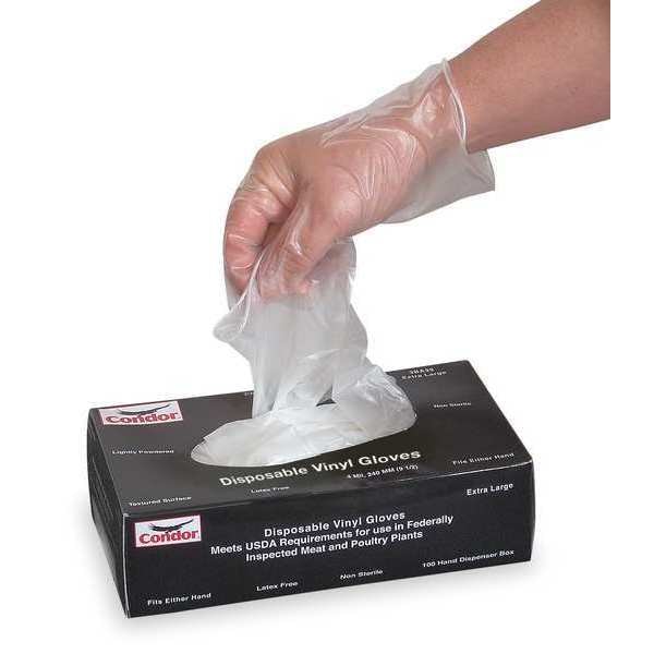 Guantes Desechables Condor, 2.7 mil Palm, Vinil, con Polvo, M (8), Paquete de 100, Transparentes - 3BA41
