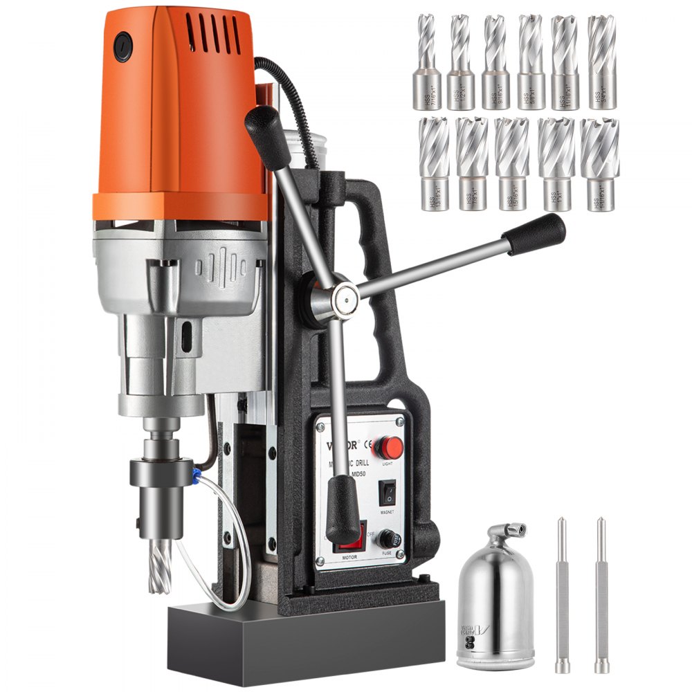 VEVOR Magnetic Drill 1550W Magnetic Drill Press with 2Inch Boring Diameter Annular Cutter Machine 2900 LBS 11pcs HSS Annular Cutter Bits - CLZMD50P13JQXZT01V1