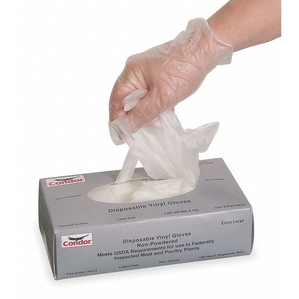 Guantes Desechables Condor, 2.7 mil de Grosor en la Palma, de Vinilo, Sin Polvo, Talla L (9), Paquete de 100, Transparentes - 3BA44