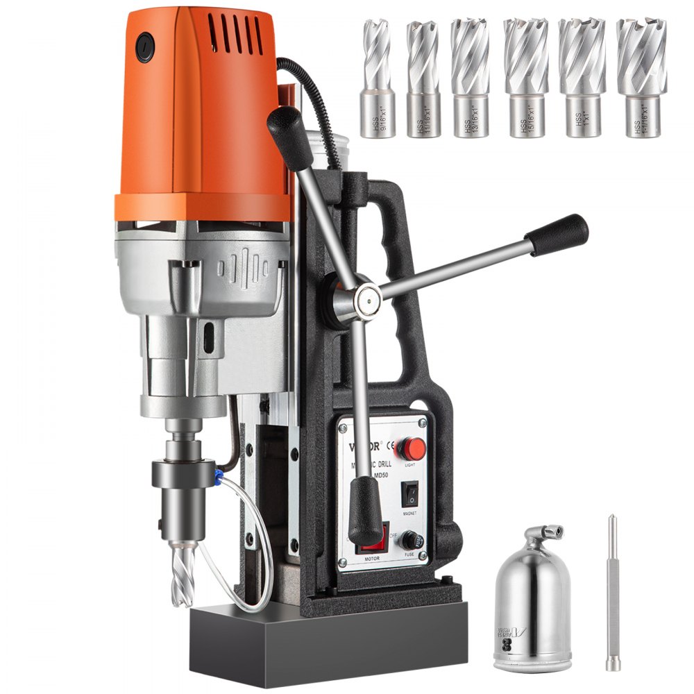 VEVOR Magnetic Drill 1680W Magnetic Drill Press with 2 Inch Boring Diameter Annular Cutter Machine 2900 LBS 6pcs HSS Annular Cutter Bits - CLZMD50PZT7J2YC01V1