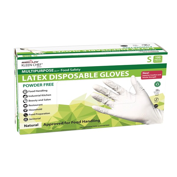 Guantes desechables de látex Kleen Chef, látex, sin polvo, S, paquete de 100, natural - KC-MS-S-DLG-1NR