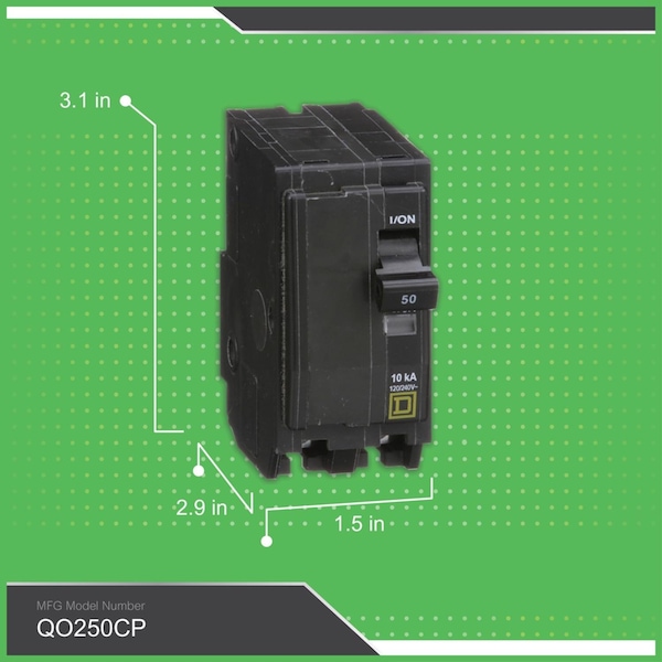 Square D Miniature Circuit Breaker, QO Series, 50A, 2 Pole, 120/240V AC, 10kA at 120/240V AC - QO250CP