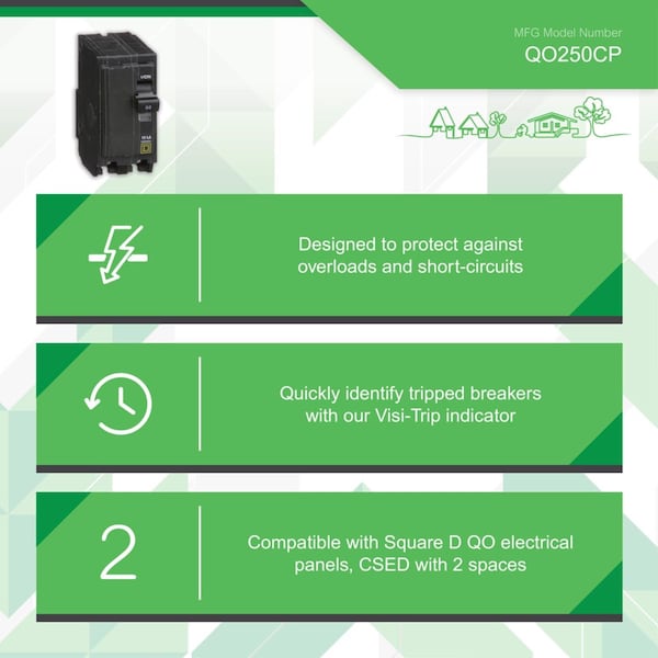 Square D Miniature Circuit Breaker, QO Series, 50A, 2 Pole, 120/240V AC, 10kA at 120/240V AC - QO250CP