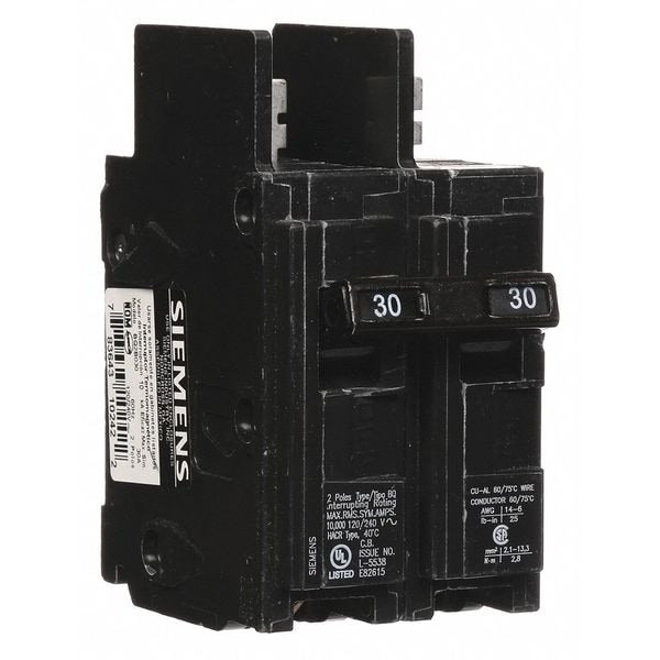 Siemens Miniature Circuit Breaker, BQ Series, 30A, 2 Pole, 120/240V AC, 10kA at 120/240V AC - BQ2B030