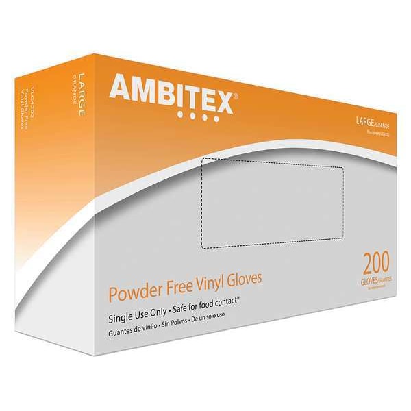 Guantes desechables Ambitex, palma de 3.00 mil, vinil, sin talco, tamaño grande, paquete de 200, color blanco - VLG4202