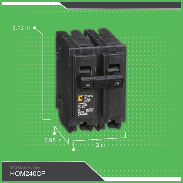 Square D Miniature Circuit Breaker, HOM Series, 40A, 2 Pole, 120/240V AC, 10kA - HOM240CP