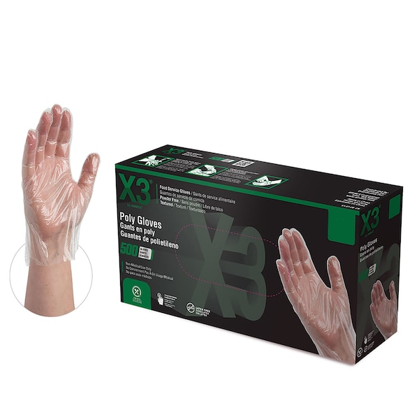 X3 X3 Poly, Guantes Desechables de Polietileno, Polietileno, Sin Polvo, Talla L, Paquete de 2000, Transparente - PGLOVE-L-500
