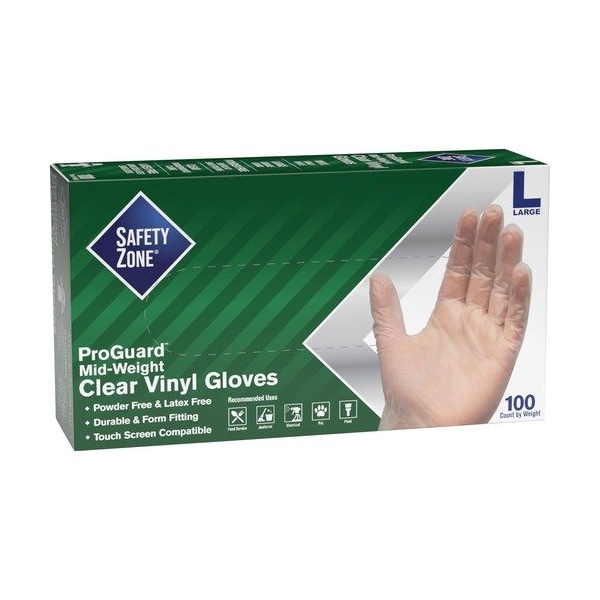 Zona de Seguridad GVP9-1, Guantes Desechables de Vinilo, 3.2 mil Palma, Vinilo, Sin Polvo, L, 100 paq., Transparente - SZNGVP9LG1