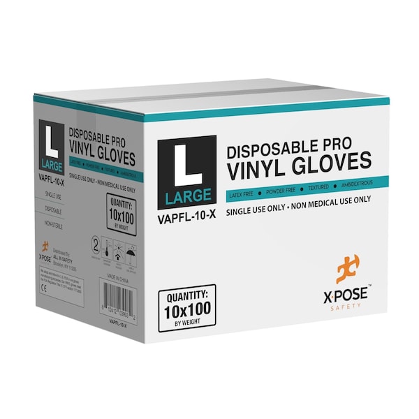 Exponer Seguridad VAPF, Guantes Desechables de Vinilo, 5 mil en la palma, de Vinilo, sin polvo, talla L, paquete de 10, transparentes - VAPFL-10-X-S