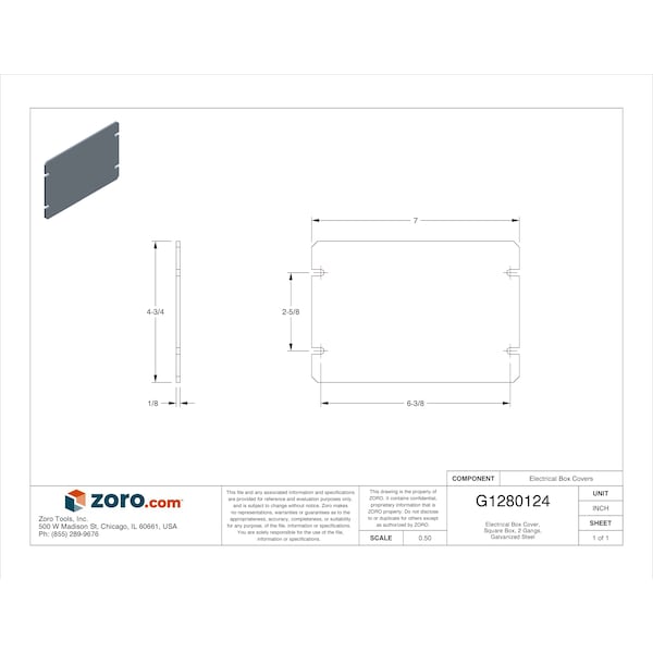 Raco Electrical Box Cover, Square Box Type, 2 Gangs, Rectangular, Galvanized Steel, Blank Cover - 844