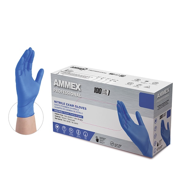 AMMEX Pro de Ammex, Guantes de Examen de Nitrilo, 3 mil Palm, Nitrilo Cerúleo, Sin Talco, L, 1000 piezas, Azul - ACNPF46100