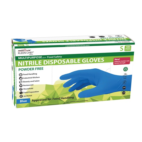 Guantes desechables de nitrilo Kleen Chef, látex de nitrilo sintético, sin polvo, S, paquete de 100, azul - KC-MS-S-DNG-1BL
