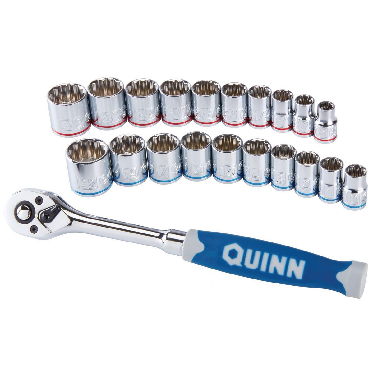 Juego de llaves de vaso y trinquete cromados Quinn de 3/8 de pulgada, SAE y métricas, 21 piezas - 64536