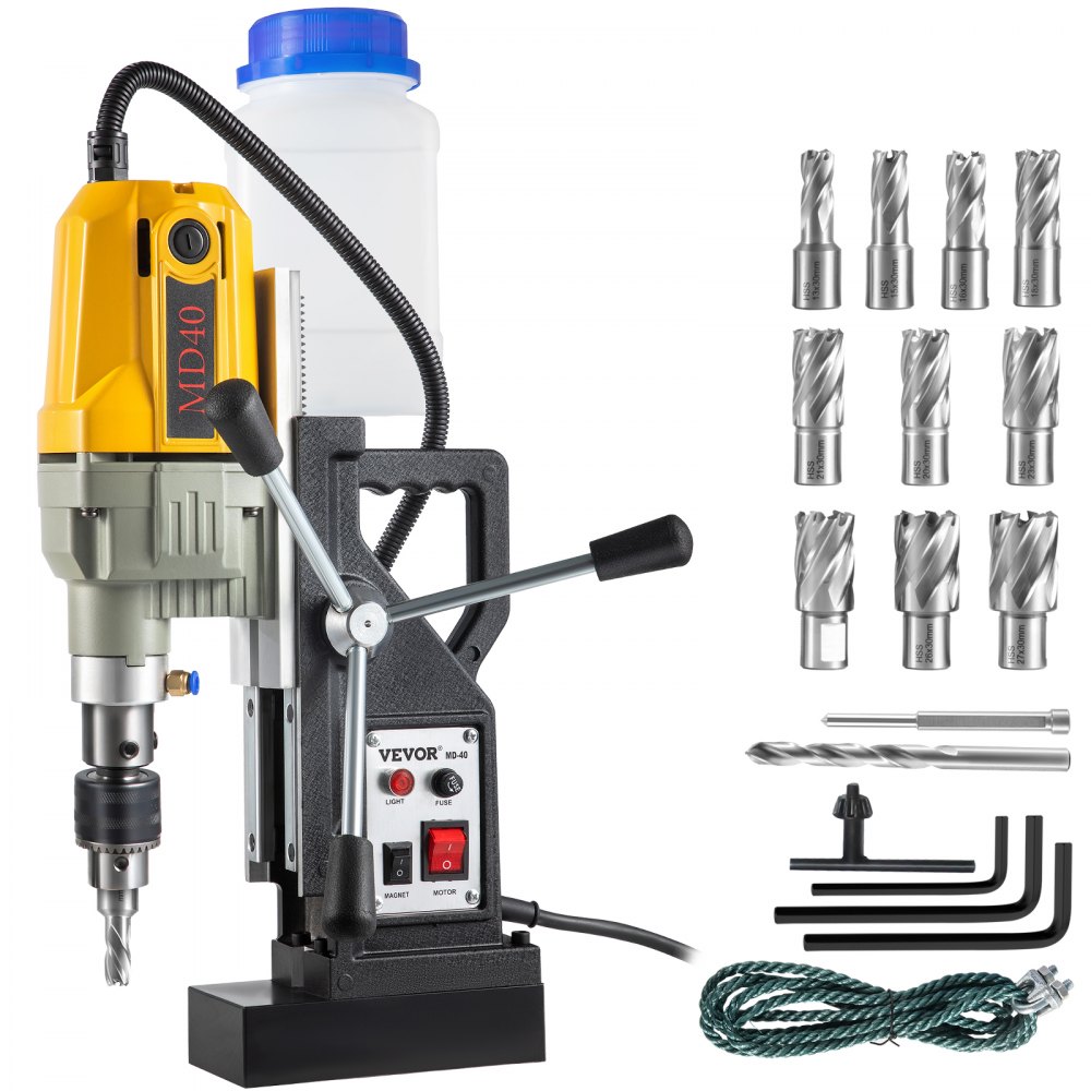 VEVOR Magnetic Drill, 1100W 1.57" Boring Diameter, 2697lbf/12000N Portable Electric Mag Drill Press with 12 Drilling Bits, 580 RPM Max Speed Drilling Machine for any Surface and Home Improvement - JBLJ11PCS110VBD11V1