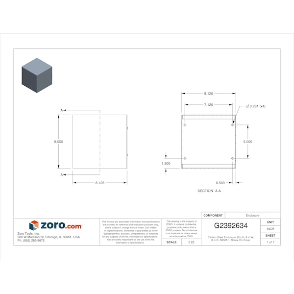 Wiegmann Carbon Steel Electrical Enclosures, 8 in H, 8 in D, 8 in W, NEMA 1, Screw On - SC080808NK