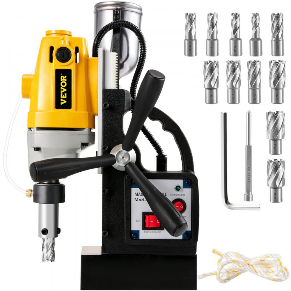 VEVOR 1100W Magnetic Drill Press with 1-1/2 Inch (40mm) Boring Diameter MD40 Magnetic Drill Press Machine 2810 LBS Magnetic Force Magnetic Drilling System 670 RPM with 11 Pcs HSS Annular Cutter Kit - MD40CLZJZT11JT001V1