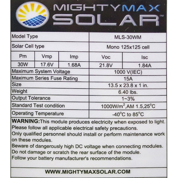Mighty Max Battery Monocrystalline Solar Panel, 30 W, 12V - MAX3532516