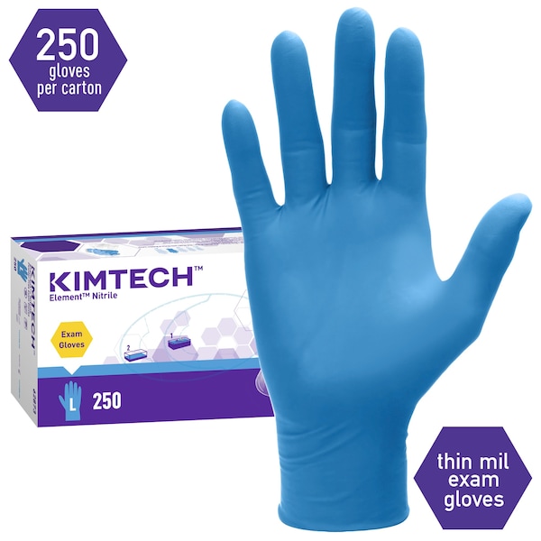Kimtech Element, Guantes de Examen de Nitrilo, 3.2 mil Palma, Nitrilo, Sin Polvo, L, 250 piezas, Azul - 62873