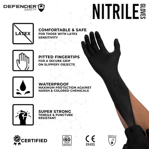 Defender Safety DSG-BNS-01, Guantes desechables de nitrilo, 4 mil de espesor, Nitrilo, sin polvo, talla L, paquete de 100, color negro - DSG-BNS-01-L