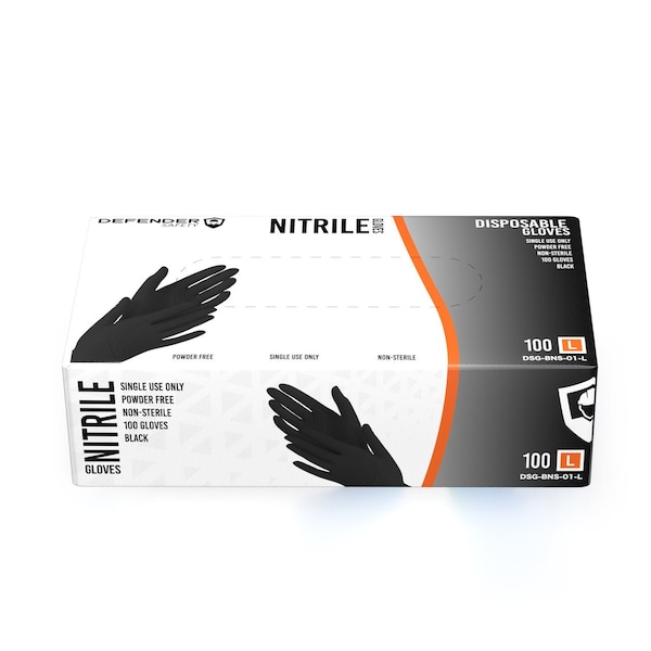 Defender Safety DSG-BNS-01, Guantes desechables de nitrilo, 4 mil de espesor, Nitrilo, sin polvo, talla L, paquete de 100, color negro - DSG-BNS-01-L