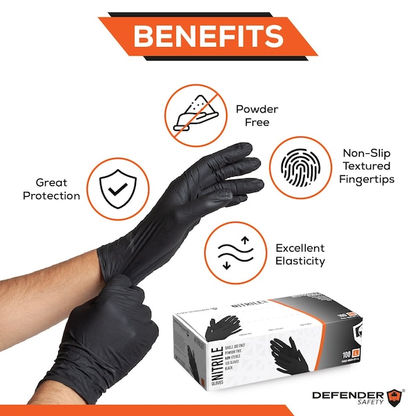 Defender Safety DSG-BNS-01, Guantes desechables de nitrilo, 4 mil de espesor, Nitrilo, sin polvo, talla L, paquete de 100, color negro - DSG-BNS-01-L