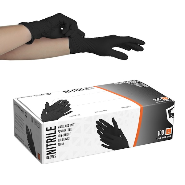 Defender Safety DSG-BNS-01, Guantes desechables de nitrilo, 4 mil de espesor, Nitrilo, sin polvo, talla L, paquete de 100, color negro - DSG-BNS-01-L