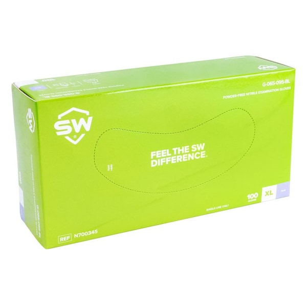 Guantes desechables de nitrilo Sw Trueform Powerform, 5 mil Palm, Nitrilo, sin polvo, XL, 100 unidades, azules - N700345.