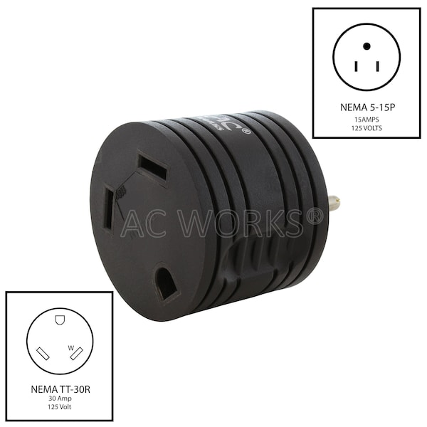 Ac Works 2 Pack 15A Home Plug to RV TT-30 30A 125V RV Female Connector - RV515TT-BK-2PK