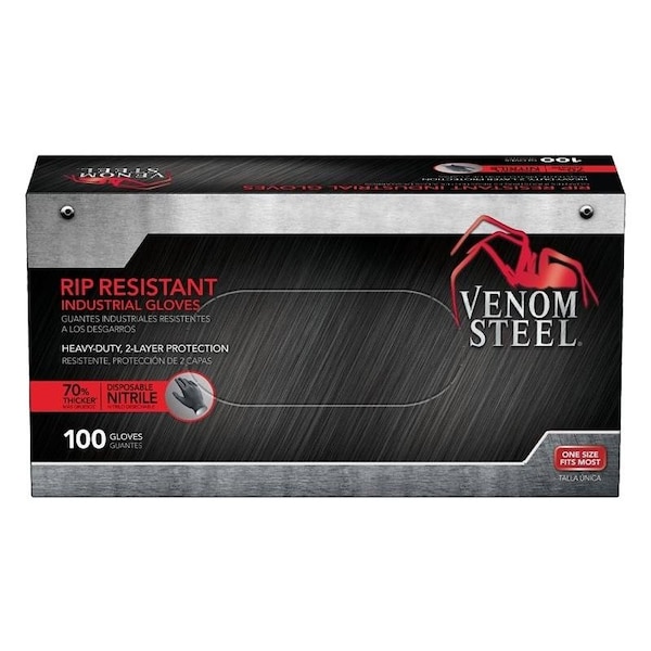 Venom Steel 614N, Guantes Desechables de Nitrilo, 6 mil de Espesor en la Palma, Nitrilo, Libre de Polvo, Talla Única, Negro - VEN6145N