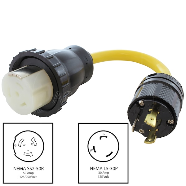Ac Works 1.5FT RV L5-30P 30A 3-Prong Generator Locking Plug to RV/ Marine NEMA SS2-50R 50A Connector - RVL530M50-018
