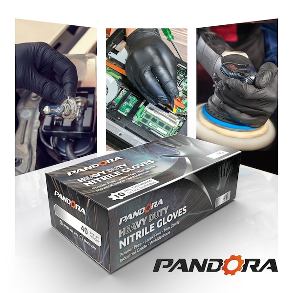 Guantes Desechables de Nitrilo Pandora, Palma de 10 mil, Nitrilo, Sin Polvo, XL, Paquete de 400, Negro - HM2021832004-BK-XL