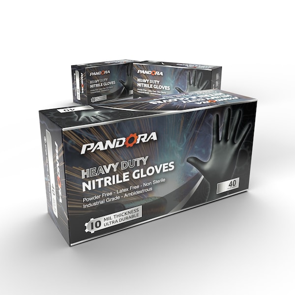 Guantes Desechables de Nitrilo Pandora, Palma de 10 mil, Nitrilo, Sin Polvo, XL, Paquete de 400, Negro - HM2021832004-BK-XL