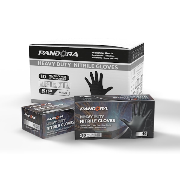 Guantes Desechables de Nitrilo Pandora, Palma de 10 mil, Nitrilo, Sin Polvo, XL, Paquete de 400, Negro - HM2021832004-BK-XL