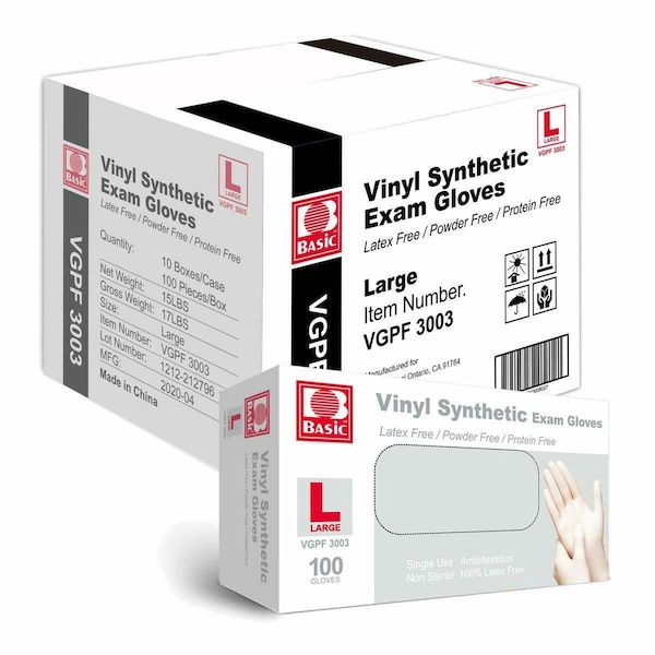 Guantes desechables Zoro Select de vinilo, sin látex, sin polvo, transparentes, talla L, caja de 1000 (10 cajas de 100) - VinylLC