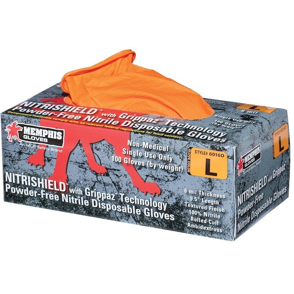 Mcr Safety NitriShield con Grippaz, guantes desechables de nitrilo de 6 mil de grosor para palma, tamaño XL, paquete de 100, color naranja - 6016OXL