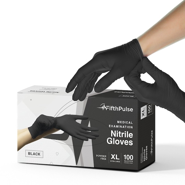 Quinta pulso FMN100, Guantes desechables de nitrilo, 3 mil de grosor en la palma, Nitrilo, sin polvo, XL, paquete de 100, negro - FP-N-100-XL-BLK