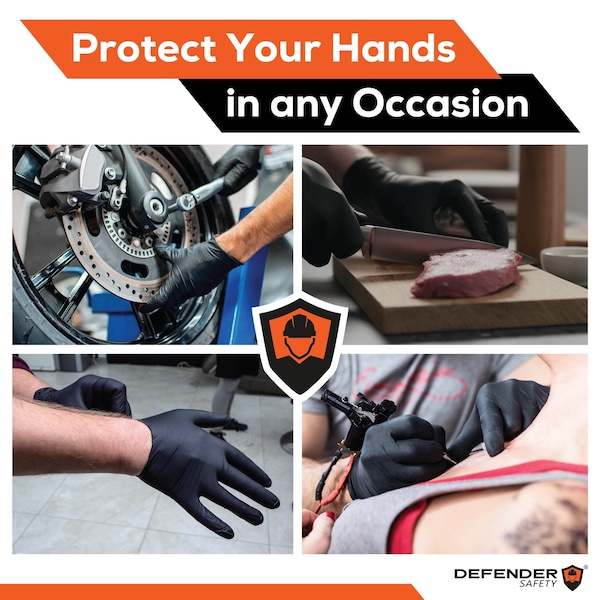 Protección del defensor DSG-BNS-02, Guantes desechables de nitrilo, 6 mil de grosor en la palma, nitrilo, sin polvo, Talla L, paquete de 100 unidades, color negro - DSG-BNS-02-L