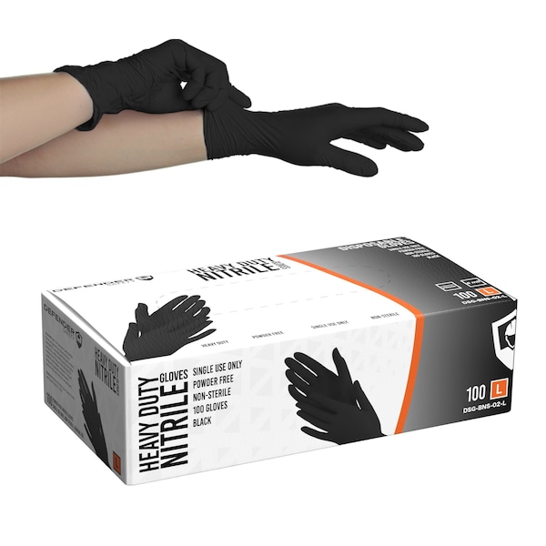 Protección del defensor DSG-BNS-02, Guantes desechables de nitrilo, 6 mil de grosor en la palma, nitrilo, sin polvo, Talla L, paquete de 100 unidades, color negro - DSG-BNS-02-L