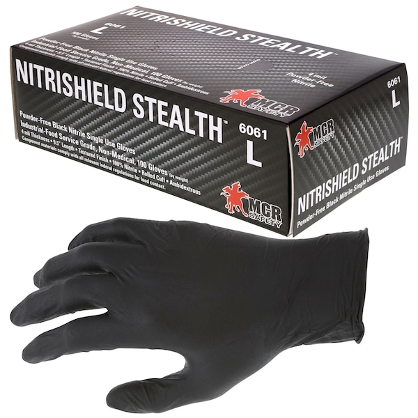 Mcr Safety NitriShield Stealth, Guantes Desechables de Nitrilo, 4 mil de Palma, Nitrilo, Sin Polvo, Talla L, Paquete de 1000, Negro - 6061L